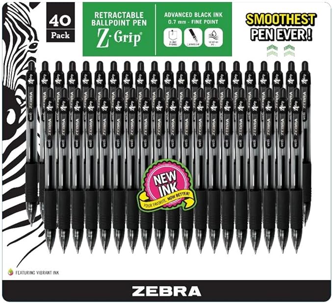 Zebra Pen Ballpoint - Pack Of 40 Black Z-grip Retractable Fine Point 0.7 mm