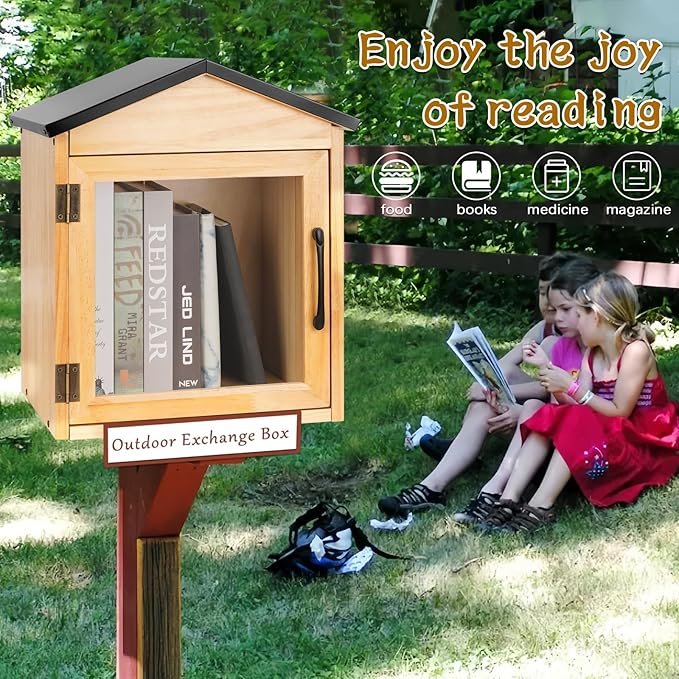 Outdoor Library Box Literature Exchange Box Outdoor Book Storage Little Wood Cabinet for DIY, Neighborhoods Community and Schools Sharing Books, Literature and Newspapers (13x11x16 Inch)