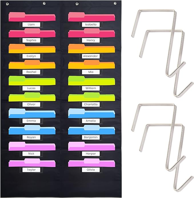 Hippo Creation Heavy Duty Storage Pocket Chart for Classroom, 20 Pocket Storage Organizer with 4 Over-Door Hangers, Hanging Wall Organizer for File Folders, School Mailbox, Home Office Papers - Black
