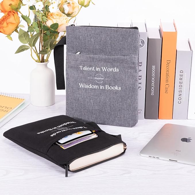 Book Sleeve for Book Lovers - Book Covers with Zipper Pockets - Canvas Book Protector for Paperbacks, Softcover - Washablle Book Pouch - Book Carrying Case - Book Carrier- Book Gift