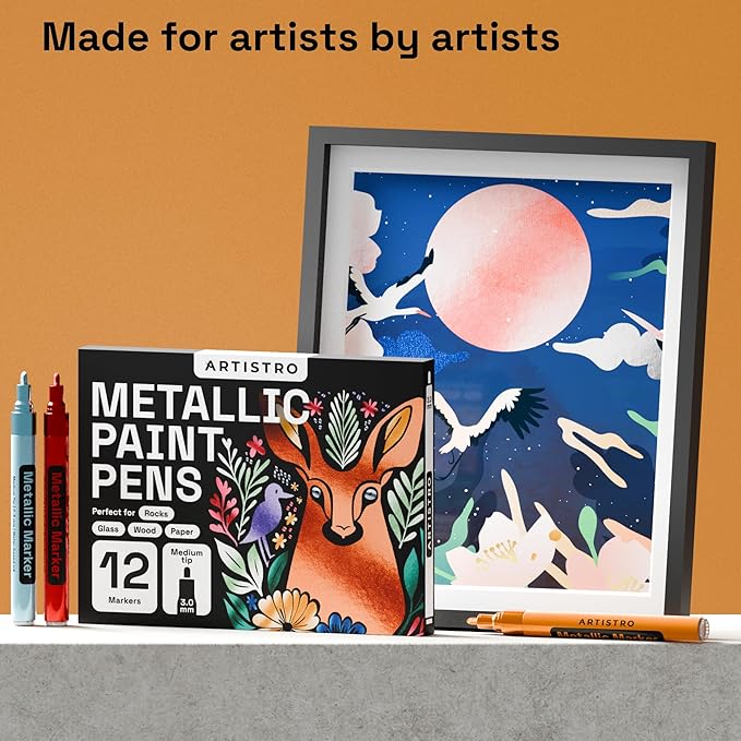ARTISTRO 12 Metallic Paint Pens for Rock Painting, Stone, Ceramic, Glass, Wood, Fabric, Pebbles, Scrapbook Journals, Photo Albums, Card Stocks, Acrylic Paint Markers Medium Tip 3.0mm