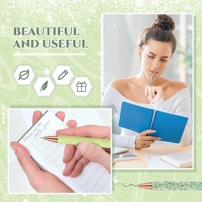 Sherr 7 Pcs Fancy Pens for Women Cute Sparkly Glitter Pens with 10 Pcs Black Ink Refills Pretty Gifts for Girls Office School Christmas Graduation(Green,Fresh)