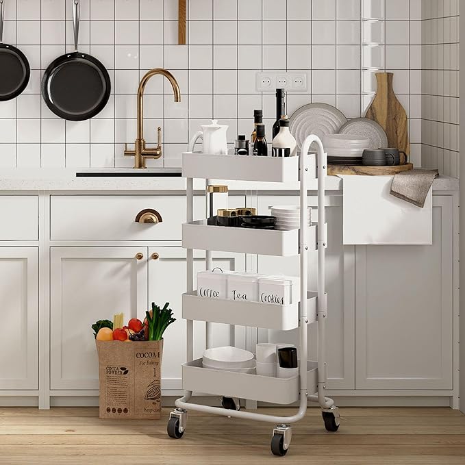 4-Tier White Rolling Cart,Metal Utility Rolling Cart with Handle,Steel Multifunction Rolling Carts with Wheels,Kitchen Storage Carts Suitable for Office,Home,Kitchen,Garden(13.4"x18.1"x40") White