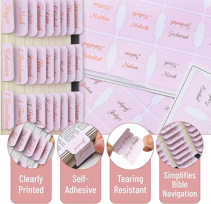 Mr. Pen- Bible Tabs, 75 Tabs, Baby Pink, Bronze Foil Embossed Lettering, Laminated Bible Tabs for Women and Men, Bible Tabs for Study Bible Index Tabs, Bible Book Tabs, Bible Labels Tabs