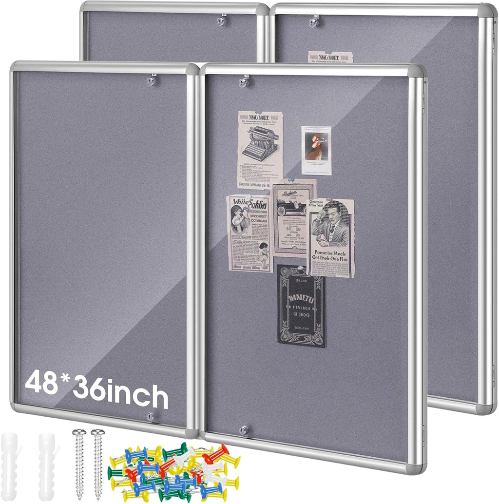 2 Pack Enclosed Bulletin Board 48"x36" Weather Resistant Lockable Enclosed Notice Cork Case Display Board Wall Mounted 2 Locking Door Aluminum Frame for Back to School Classroom, 12xA4(Gray)