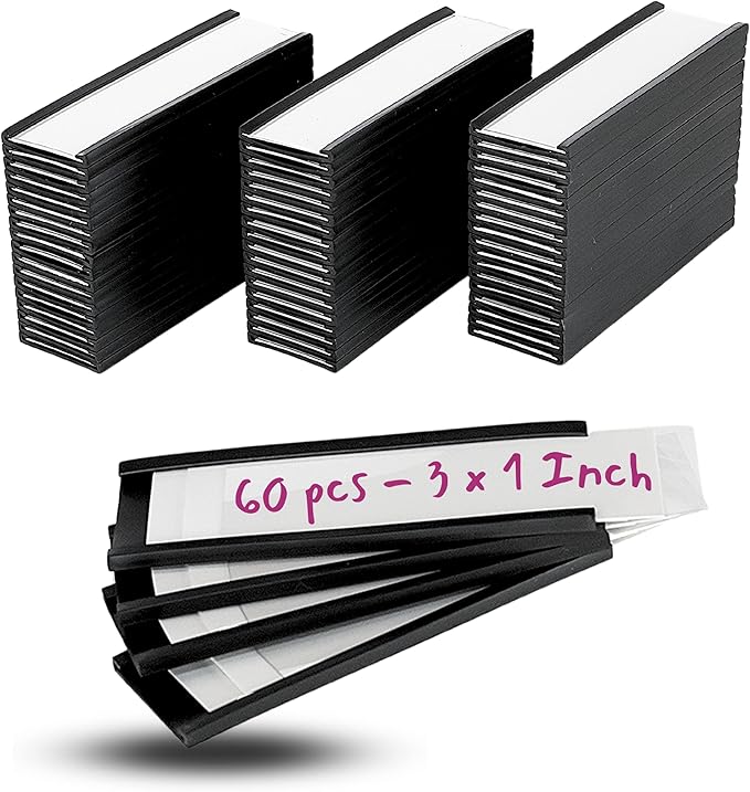 Availey 60 Pack Magnetic 'C' Channel Label Holders for Metal Racks and Shelves with Protective Films and Replacement Strips 3" x 1"