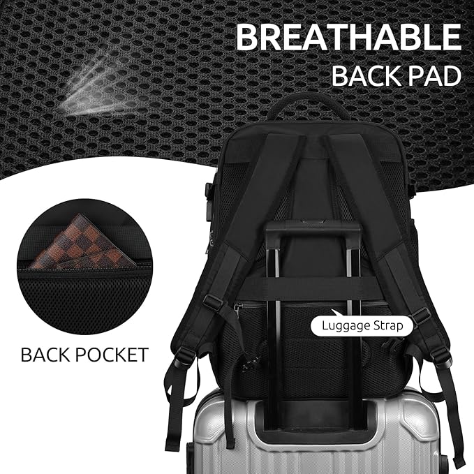 Travel Backpack for Women, Carry On Backpack for Airplanes Flight Approved, Waterproof Large Weekender Overnight Bag Fit 17 Inch Laptop, Black