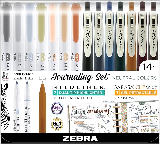 Zebra Pen Sarasa Clip Vintage and Mildliner Neutral Set, 7 Gel Pens, 7 Dual-Tip Highlighters Ideal for Bible Highlighting, No Bleed, Fine Point, Assorted Colors, 14-Pack (10114)