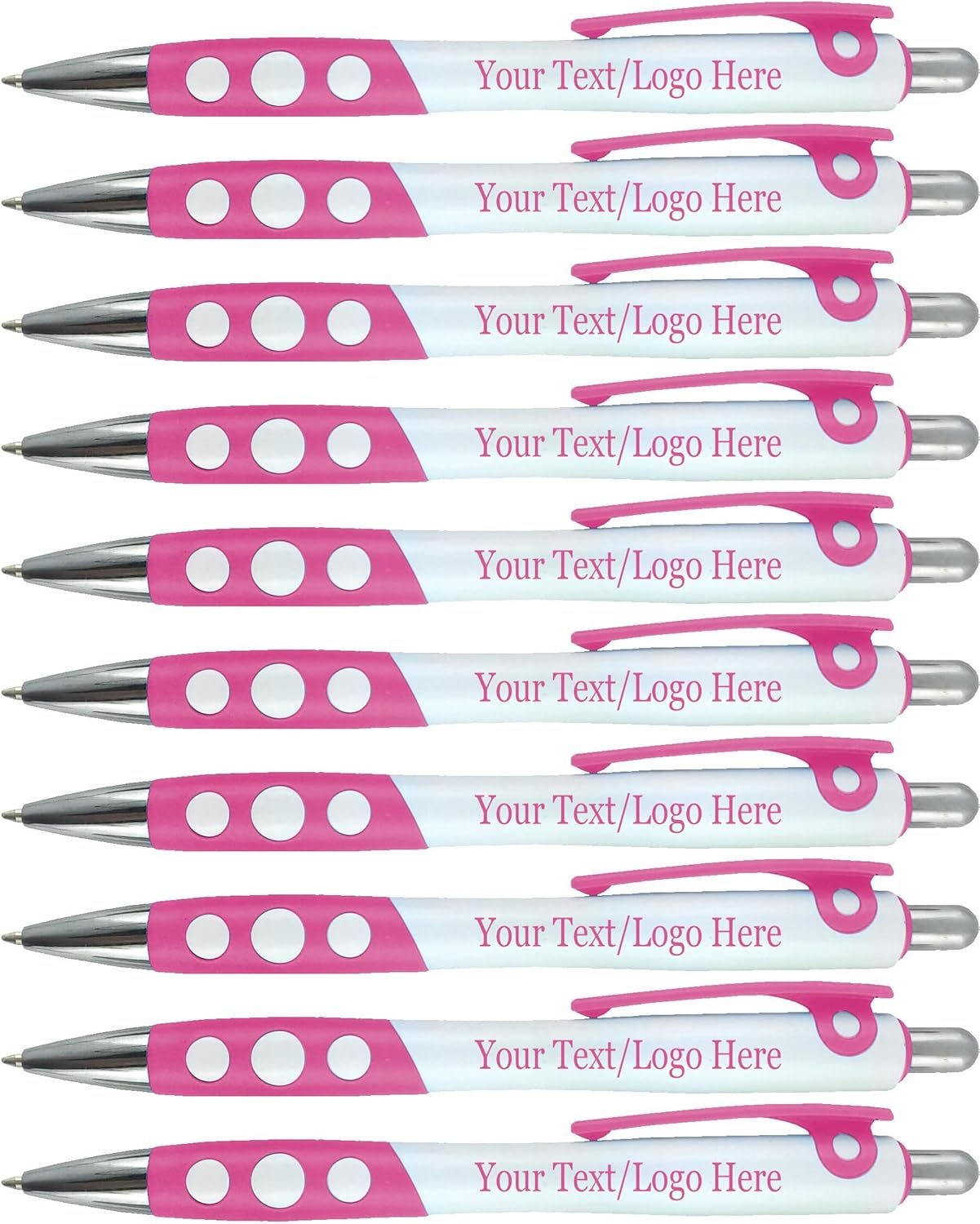 SyPen Personalized Ballpoint Pens With Custom Logo/Text-350 Pack Bulk-for Businesses, Parties, & Events, Custom Printed, White Barrel with Matching Colored Clip and Grip, Click Pens, Black Ink, Pink