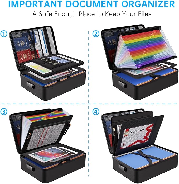 ENGPOW Fireproof Document Box with Lock, 5200℉ Soft Case Fireproof Box with 25 Colorful Pocket Accordion File Folder, Fireproof Water Resistant Safe Box File Organizer for Important Documents