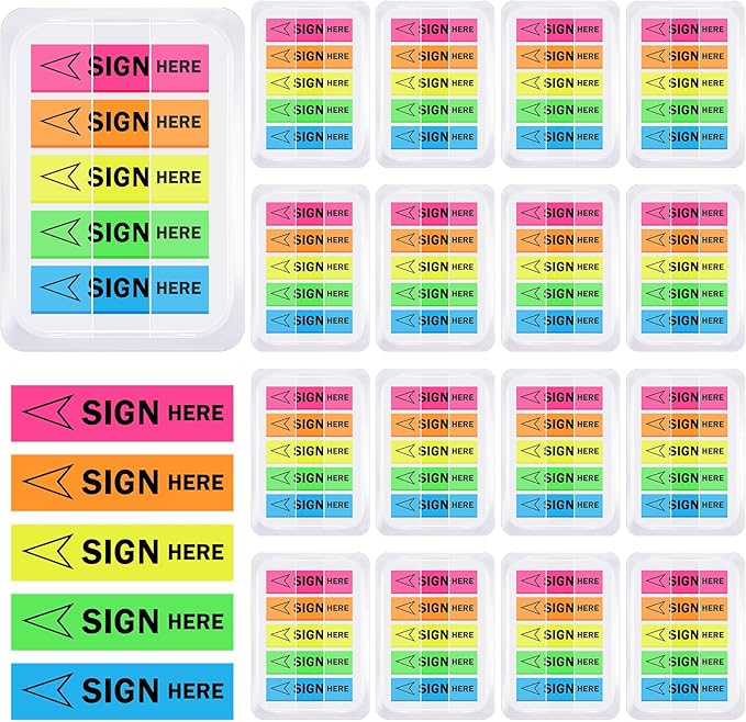 Teling 2000 Pcs/ 20 Packs Sign Here Sign Date Tabs Stickers Colored with Dispenser Arrow Flag Tabs with Dispenser Easy to Post for Notary Books Paper(Elegant Style)