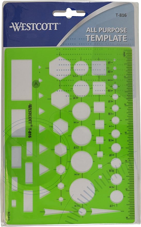 Westcott T-816 All-Purpose Technical Drawing Template, Plastic Shape Template Tool, Green, 4.5 by 6 in