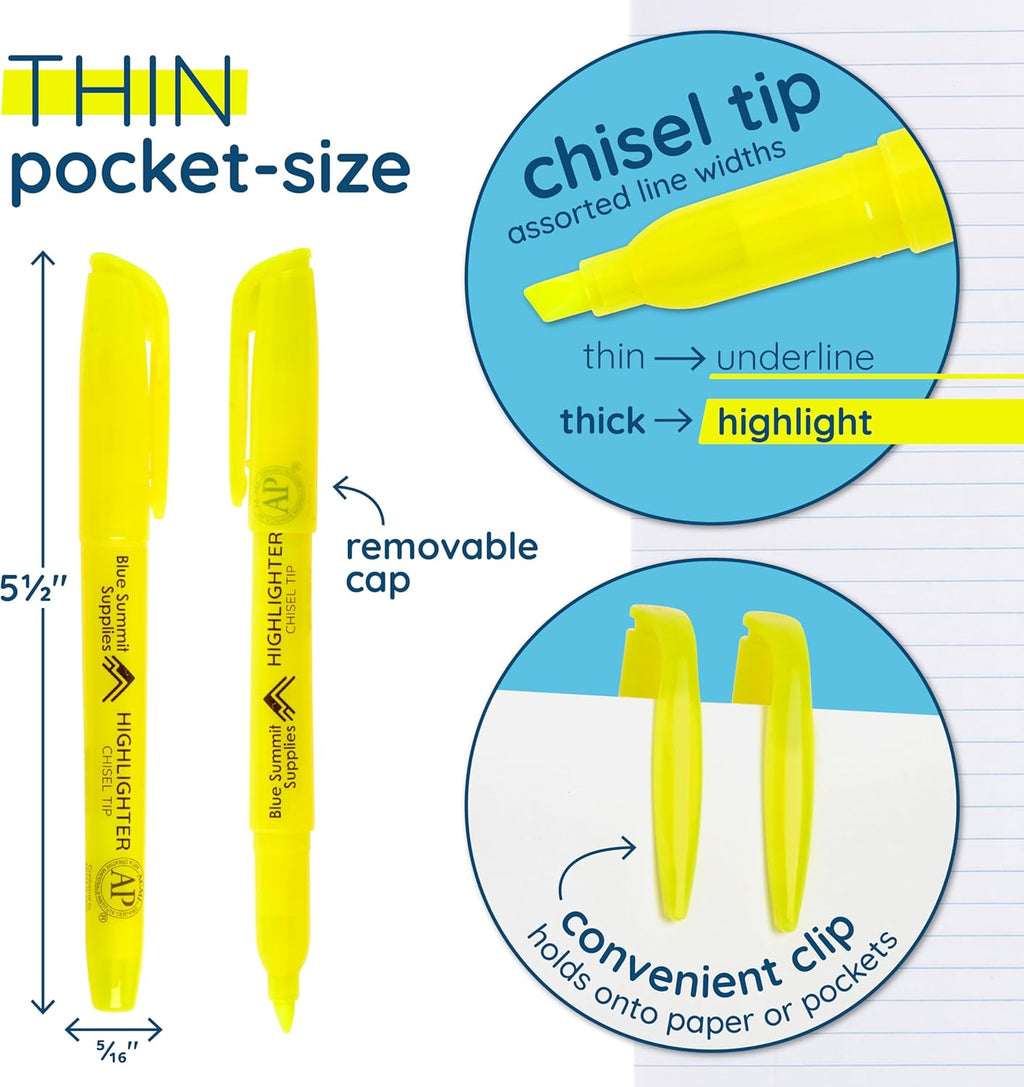 Blue Summit Supplies 100 Pack Chisel Tip Yellow Highlighters Bulk Classroom, Pocket Thin Highlighters Yellow Bulk for Adults and Kids Highlighting in Home, School, or Office, Quick Dry