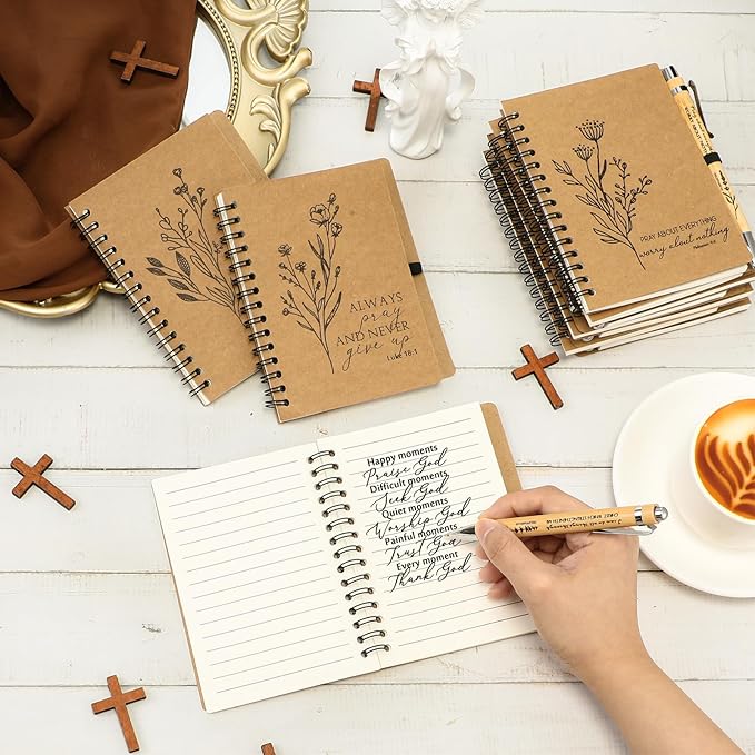 100 Pcs Bible Verse Spiral Notebook with Bamboo Christian Ballpoint Pens Aesthetic Religious Notepads Inspirational Journals Easter Christian Gifts for Women Men Office (Classic Style)
