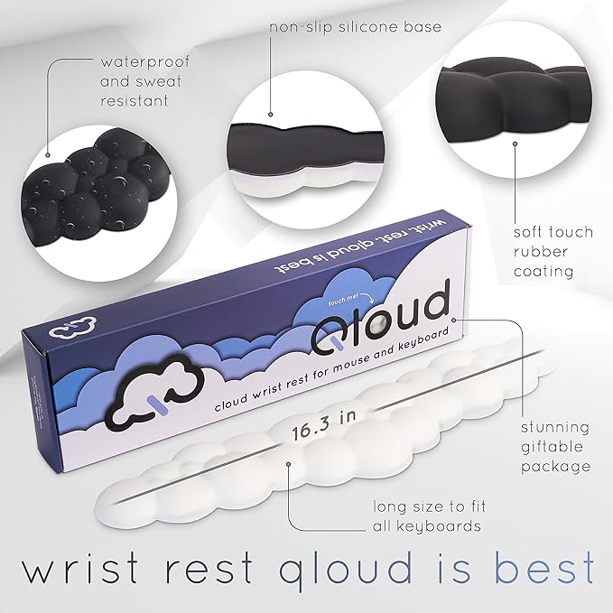 Qloud Cloud Wrist Rest Keyboard Wrist Rest for Computer Keyboard Pad, Cloud Keyboard Wrist Rest, Wrist Pad for Keyboard, Memory Foam, Non Slip Base, Comes with Mouse Pad - Rainbow