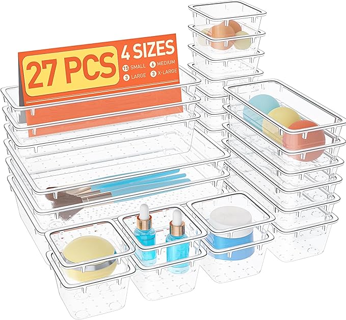 27 PCS Clear Plastic Drawer Organizers Set, 4-Size Versatile Bathroom and Vanity Drawer Organizer Trays, Storage Bins for Makeup, Bedroom, Kitchen Gadgets Utensils and Office