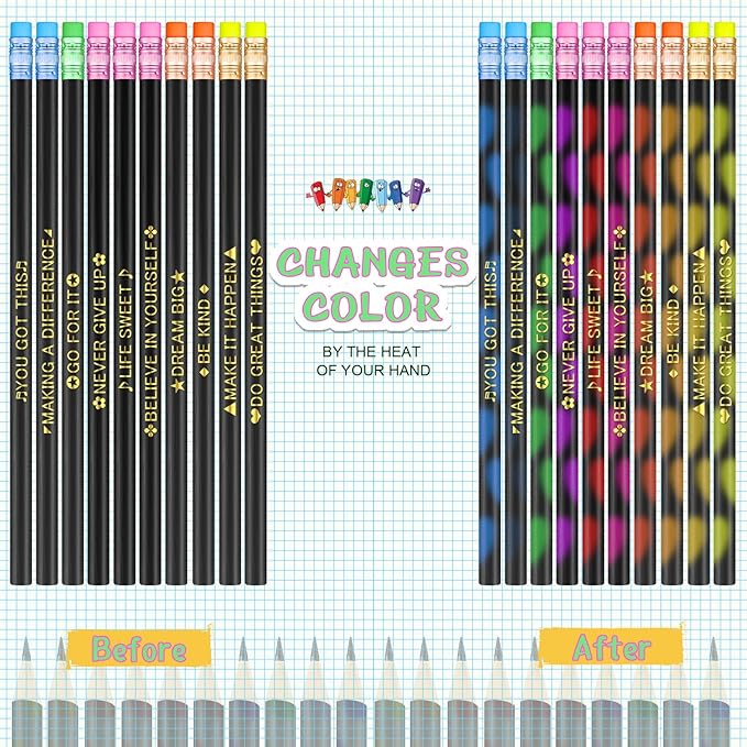 Eersida 40 Pcs Color Changing Mood Pencil with Motivational Sayings, 2B, Fun Assorted Thermochromic Pencils with Eraser(Bright Color,Positive)