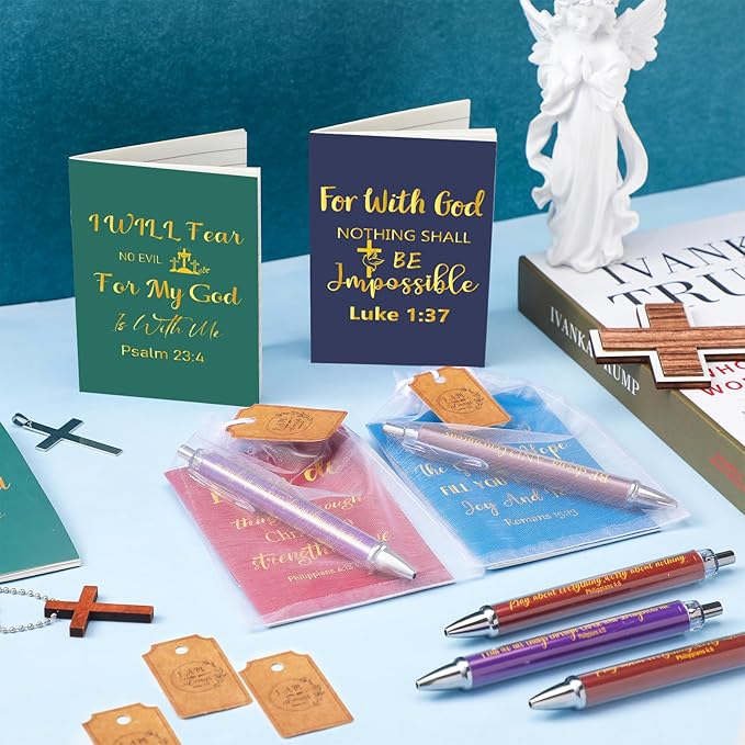 200 Pcs Bible Verse Sets Church Christian Gift Include 50 Scripture Notebooks 50 Bible Bamboo Pens 50 Thanks Tags 50 Organza Bags for Women Man Christian Party Gifts(Colorful,Novel)