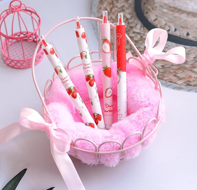 YYaaloa 48pcs Cute Pens Black Gel Ink Pens Retractable Pens for Kids Girls Boys Women Office School Supplies (Red strawberry pens)