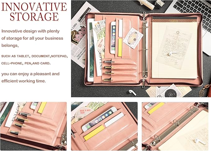 Free Engraved Name, Customized Pink Binder Portfolio, 3 Ring Binder Padfolio, Business Organizer Folio with Zipper, A4 Letter Sized Clipboard Portfolio, Gift for for Women/Girls, Pink