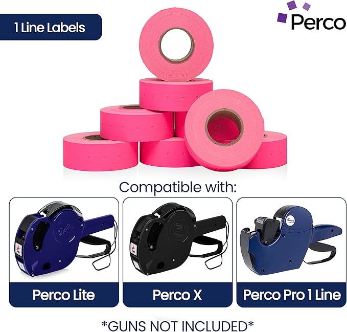 Perco 1 Line Fluorescent Pink Labels - 8 Rolls, 1 Sleeve, 8,000 Blank Price and Date Gun Labels for Perco 1 Line Price and Date Guns - Made in USA