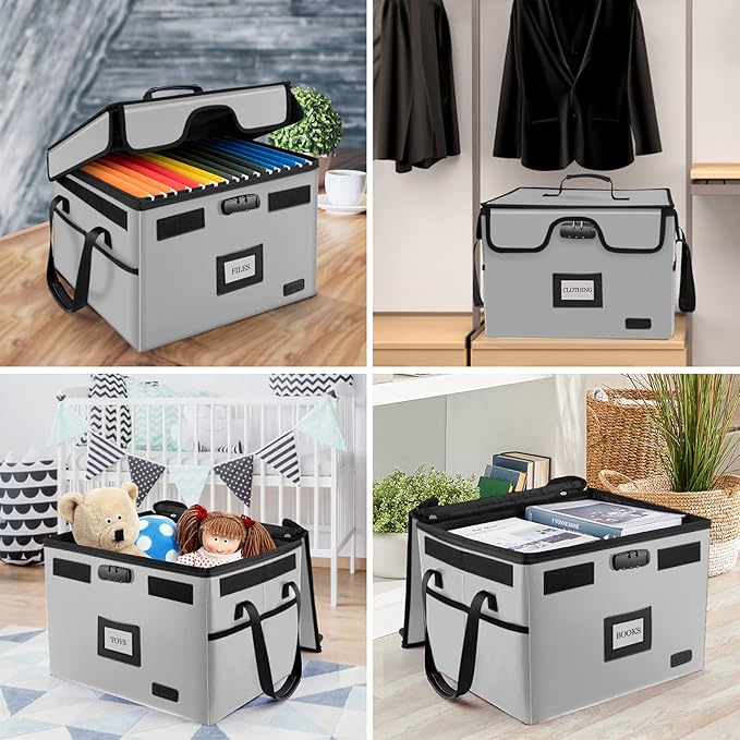 AMBOR File Box with Lock, Fireproof Document Box with 5 Tabs & Inserts, Collapsible File Organizer with Handle for Letter & Legal Size Folder/Certifications/Books Storage, Grey