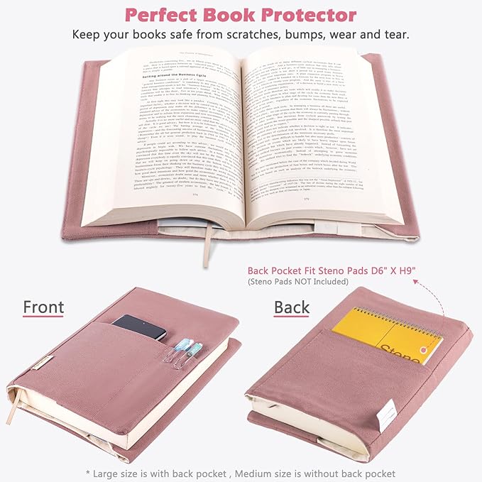 Canvas Book Covers, Washable Book Protector, Book Cover for Paperback Novels, Adjustable Book Cover for Hardcover with Pockets for Pen, Soft Cover Books, Book Lovers Gifts