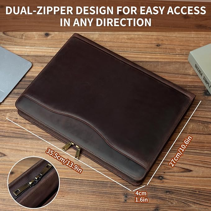 YIWEN Handmade Crazy-Horse Leather 3 Ring Binder Portfolio Padfolio Folder with Zipper for Men and Women, Business Organizer for Letter A4 Size for Meeting and Travel (Custom Engraved, Dark Brown)