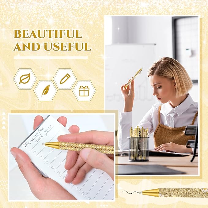 Sherr 7 Pcs Fancy Pens for Women Cute Sparkly Glitter Pens with 10 Pcs Black Ink Refills Pretty Gifts for Girls Office School Christmas Graduation(Gold,Delicate)