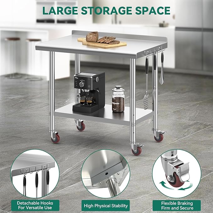 YITAHOME 36" x 24" Stainless Steel Table with Wheels for Prep & Work with Backsplash, NSF Metal Table Prep Table with Undershelf for Home Kitchen Restaurant Garage Warehouse