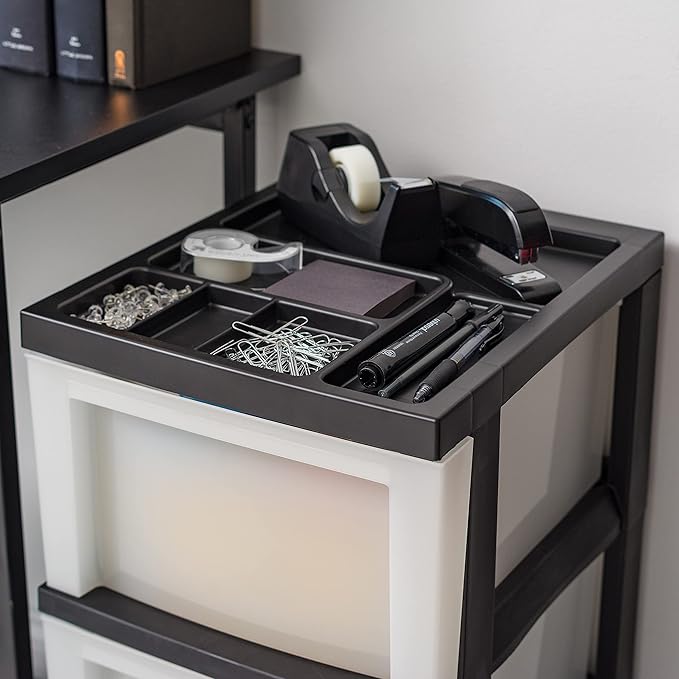 IRIS USA Plastic Drawer Storage Organizer Rolling Cart, with Wheels Casters, 3-Drawers, for Classroom Art Craft Supplies Dresser Closet Bathroom Dorm Bedroom Laundry Room, Black/ Pearl