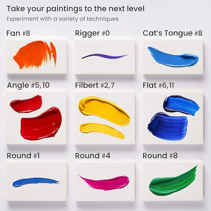 ARTEZA Paint Brushes, Set of 12, Premium Synthetic Brushes with Brass Ferrules & Wooden Handles