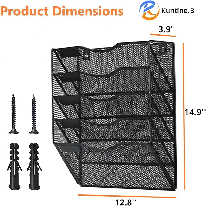 Kuntine.B 5 Pockets Wall File Holder Organizer Office Hanging Magazine Rack Wall File Organizer for Office Home, Black
