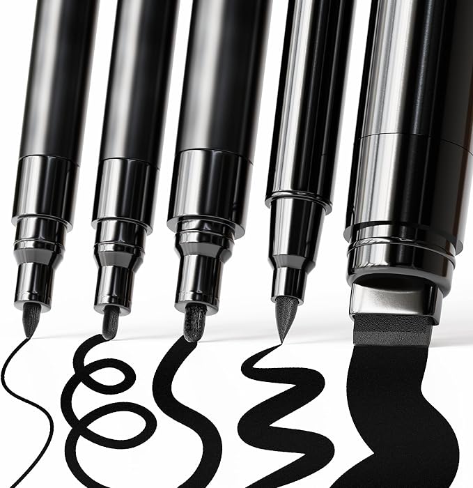 ARTISTRO 5 Black Acrylic Paint Pens, Acrylic Paint Markers Different Tip, Fabric Markers for Textile, Canvas, Rock, Glass, Wood, Paper, DYI, Pens for Kids and Adults