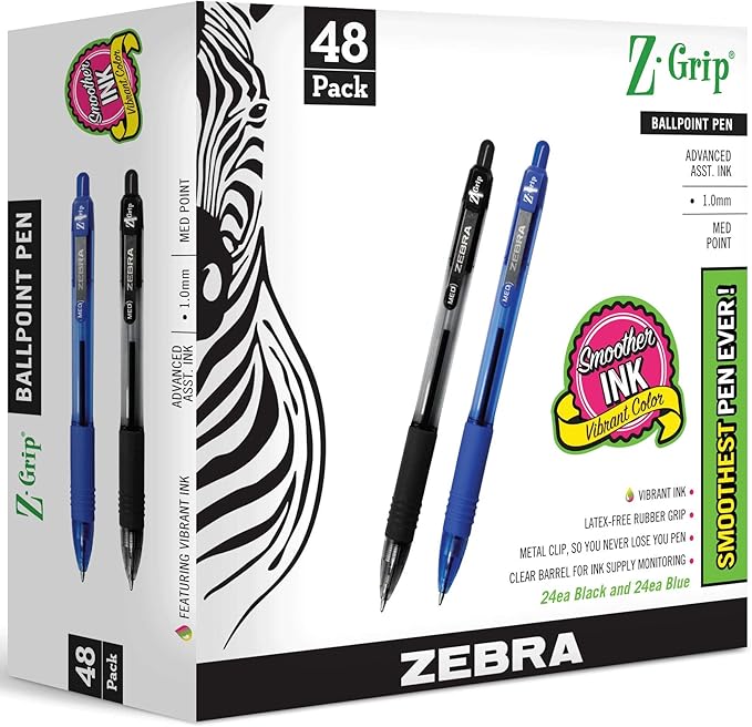 Zebra Pen Ballpoint - Bulk Pack Of 48 Z-grip Retractable Medium Point 1.0 mm, 24 Black Pens & 24 Blue Pens Combo Pack