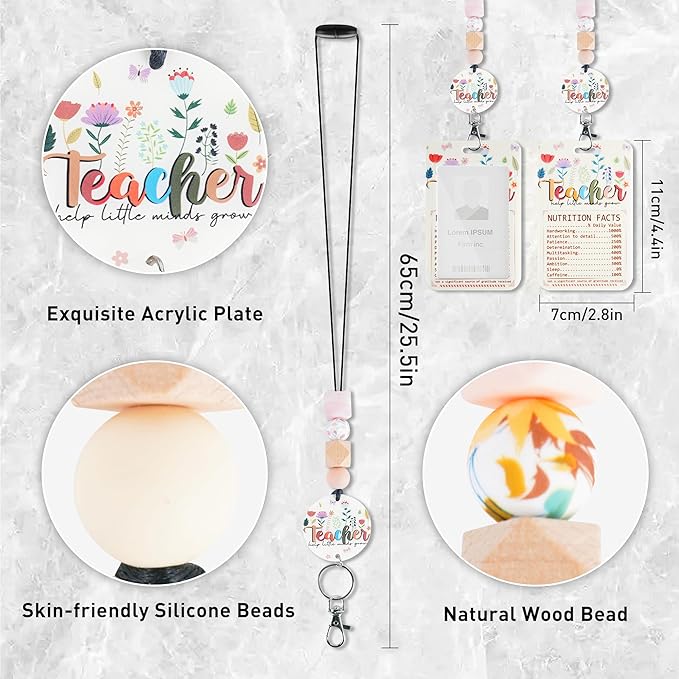 Teacher Lanyard with ID Holder, Floral Inspirational Quote Nutrition Facts Funny Badge Holder with Beaded Adjustable Lanyard, Gifts for Teachers