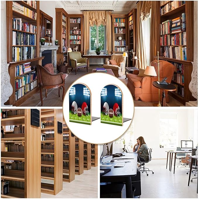 2 Pack Wood Bookends, Sport Ball Football Helmet Non-Skid Book Ends for Heave Books, Decorative Bookends for Shelves Desk, Book Stoppers Book Holders for Home Office Library School