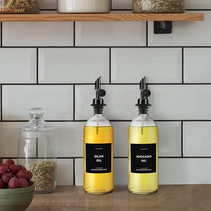 Olive Oil Labels for Glass Bottles - 2.5" x 2.5" Waterproof & Oil-Proof Kitchen PVC Sticker Labels for Oils, Vinegars, Sauces, Cooking Wines & Condiments - Minimalist Black, 39pcs