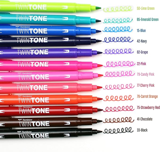 Tombow 61500 Twintone Marker Set, Bright, 12-Pack. Double-Sided Markers for Bold and Precise Writing
