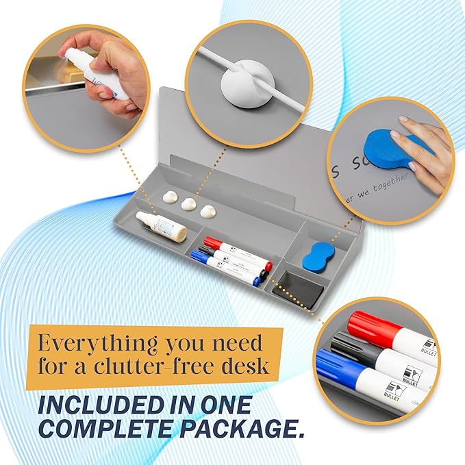 15-Inch Desktop Whiteboard - Glass Dry Erase Board for Desk Whiteboard with Stand with 3 Markers, Spray Bottle, 3 Cable Holders & Storage Box Work from Home Office Gadgets, Grey