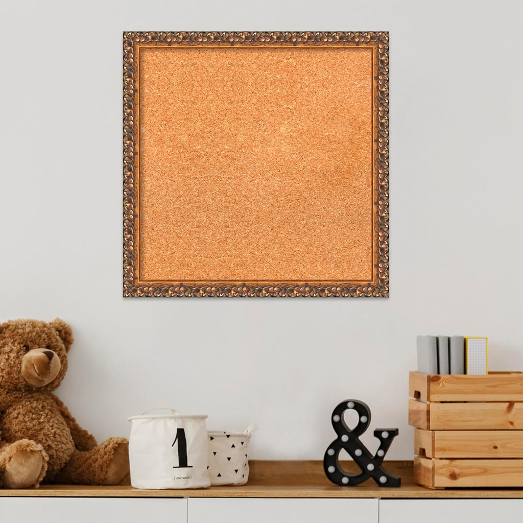 Amanti Art Natural Cork Board for Wall, 18x18 Vision Board with Bronze Frame, Small Corkboard Office Decor for Home Organization, Traditional Corkboard Pinboard to Display Items for Home Organization