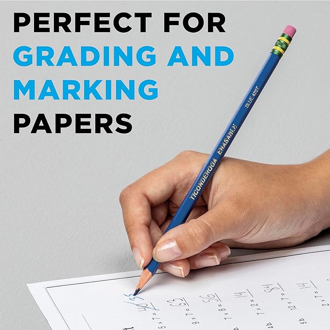 Ticonderoga Erasable Checking Wood-Cased Pencils, Pre-Sharpened, Blue, 12 Count