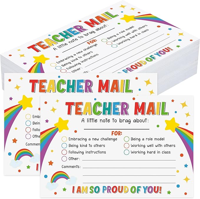 50PCS Colorful Teacher Mail Notes to Parents Rainbow Classroom Good Behavior Incentive Cards Teacher Motivational Postcard to Send Home for Preschool Kindergarten Elementary School Teacher Supplies