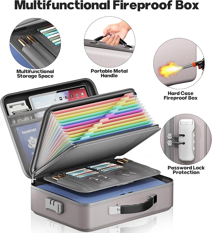 Fireproof Document Box with Water-Resistant Zipper, Hard Case Fireproof Box with Lock, Portable Hard-Shell Fire Safe Box, Large Capacity File Organizer for Important Documents, Laptop (Gray, M)