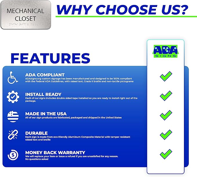 Mechanical Closet Sign for Business - Office Signs, Aluminum Brushed Silver, Tamper-Proof, Heavy Duty Mounting Tape, Easy Install, Office Décor, ADA Compliant, Grade 2 Braille (7” W x 4” H) ADASigns.org