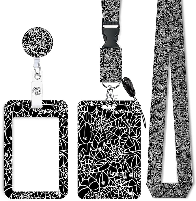 ID Badge Holder with Retractable Lanyard and Keychain, Badge Reel with Rotate Carabiner Clip,Spider Web Card Name Tag Lanyard ID Protector Bage Clips for Student, Women, Office