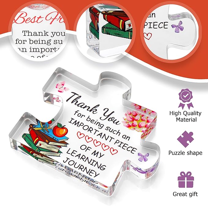 VELENTI Teacher Appreciation Gifts for Women, Men - Thank You Paperweight Acrylic Block Puzzle 3.35 x 2.76 inch - Heartwarming Teacher Gift - Cute Student Teacher Gifts - Novelty Daycare Teacher Gift