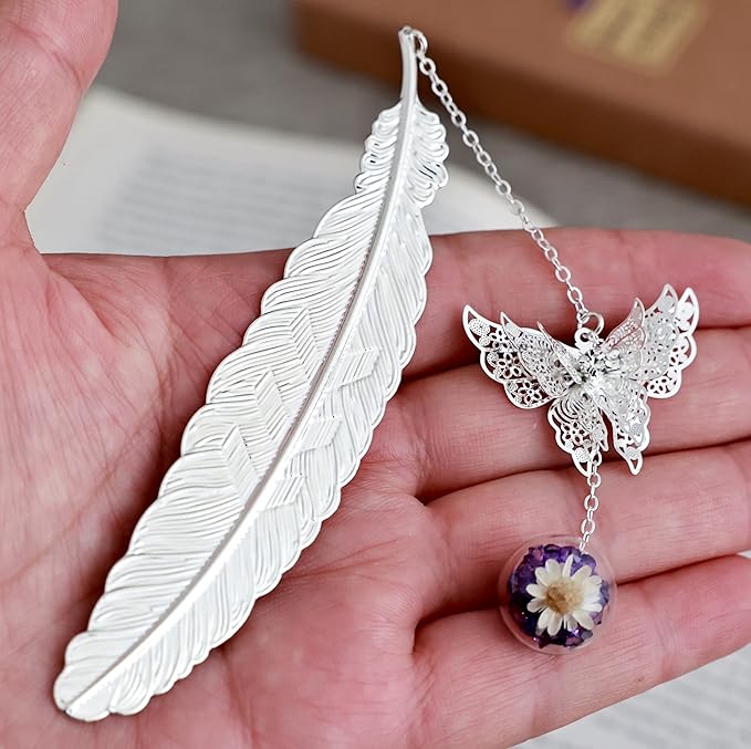 Toirxarn Silver Feather Bookmark with Butterfly Charm - Elegant Bookmarks for Women, Book Lovers Gifts, Book Marker for Reading, Teacher Appreciation Gifts, Unique Birthday Gifts, Stocking Stuffers
