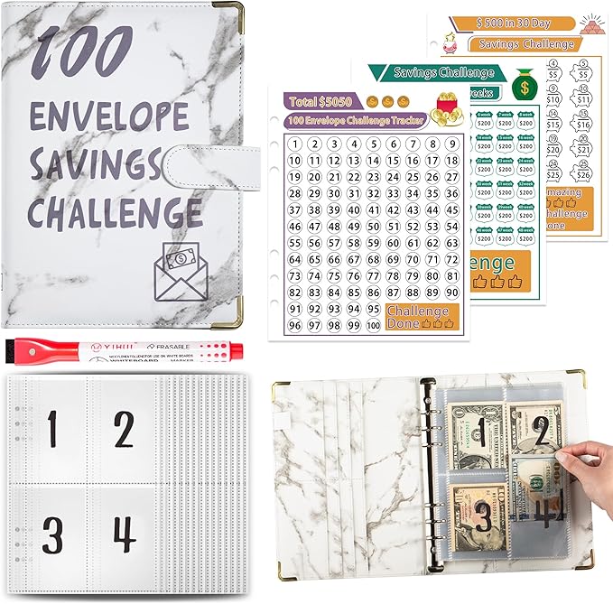 ATkits 100 Envelopes Challenge Binder Savings Challenges Book, A5 Money Saving Planner Cash Envelope Budget Binder with Erasable Pen, Easy and Fun Way to Save $5,050, 10,000 and $500 (Marble White)
