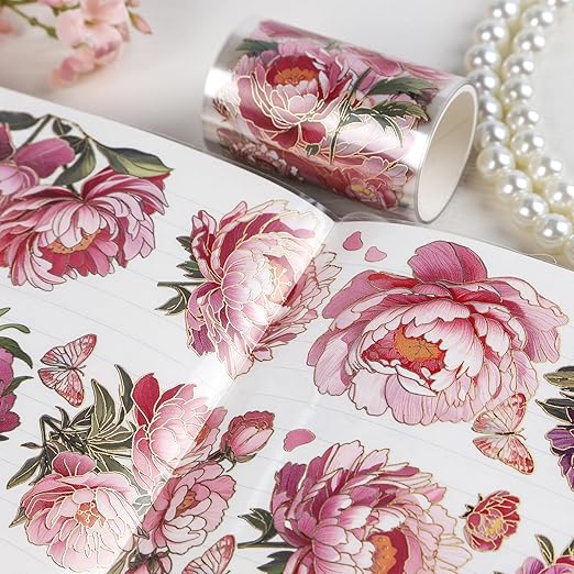 PET Tapes - Pink Flower Scrapbook Supplies, Transparent Floral Tapes for Junk Journal Planner